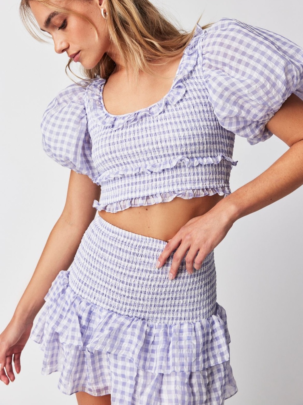 ·Saylor· Purple Gingham Two Piece Sosie Skirt and Top Set Size Medium